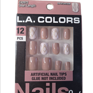 LA Colors Dusty Rose Pink Gold Plaid Short Square False Nails
